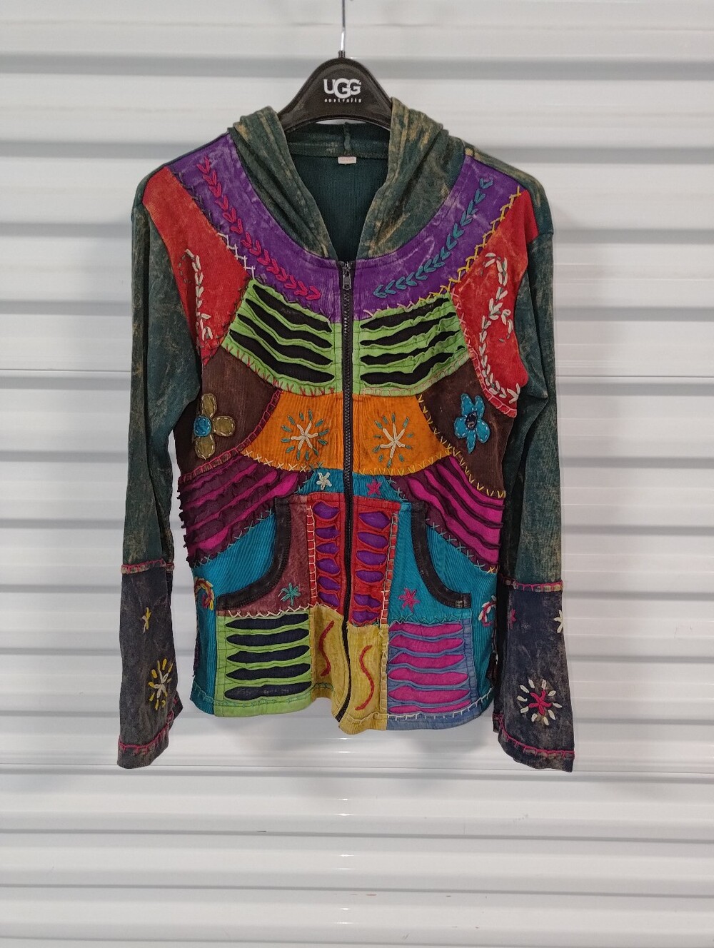 Tie-Dye Floral Razor Cut Full Zip Jacket XS Art to Wear Hoodie Hippie Rainbow